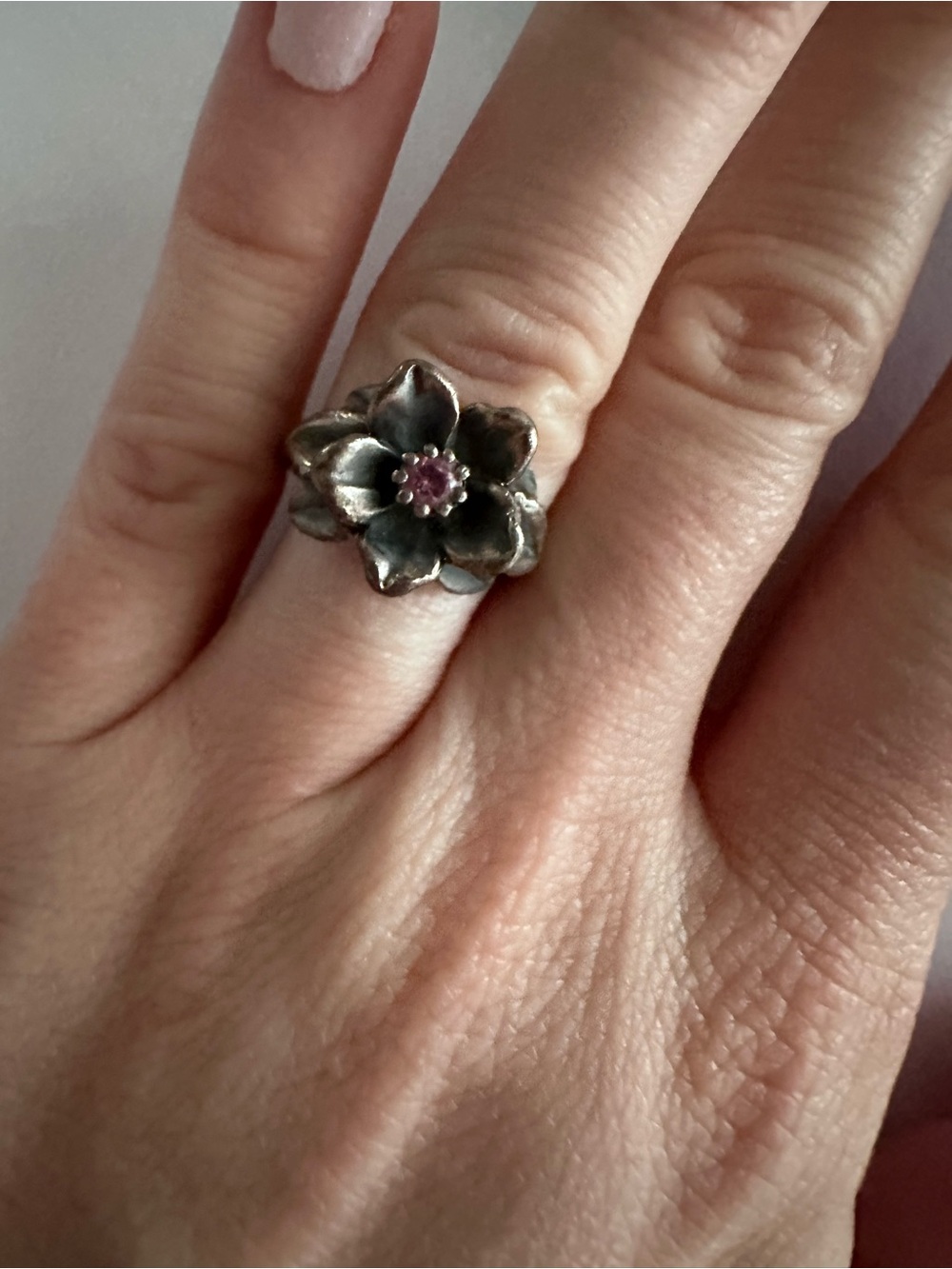 James Avery Silver Floral Ring with Pink Sapphire Stone